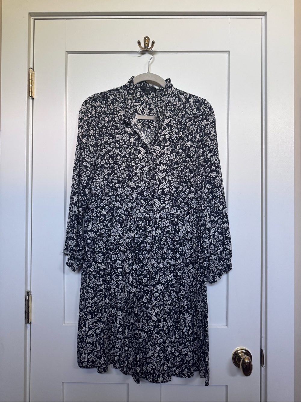 J. Crew Black and White Floral Long-Sleeve Dress